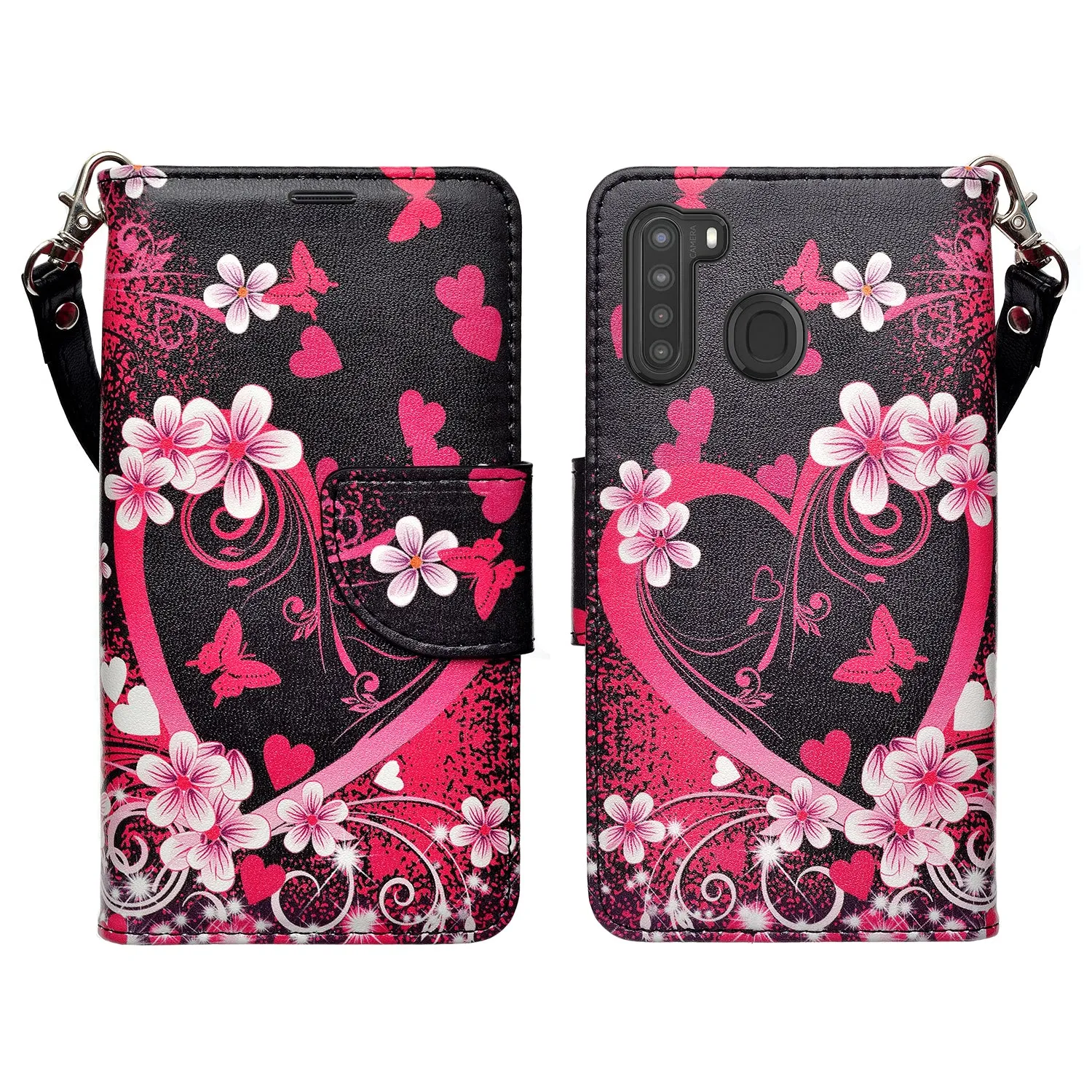 Samsung Galaxy A21 Case, Galaxy A21 Wallet Case, Wrist Strap Pu Leather Wallet Case [Kickstand] with ID & Credit Card Slots - Heart Butterflies
