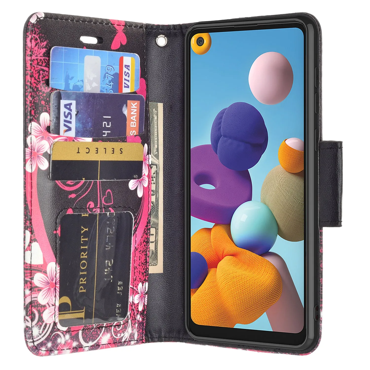 Samsung Galaxy A21 Case, Galaxy A21 Wallet Case, Wrist Strap Pu Leather Wallet Case [Kickstand] with ID & Credit Card Slots - Heart Butterflies