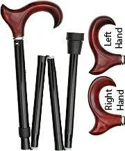 Scratch & Dent Right hand Mahogany Maple Ergonomic Walking Cane w/ Folding, Adjustable Black Aluminum Shaft and Silver Collar