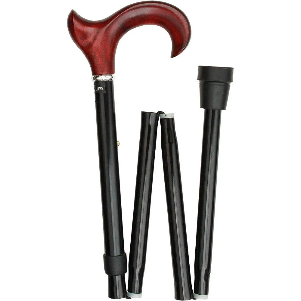 Scratch & Dent Right hand Mahogany Maple Ergonomic Walking Cane w/ Folding, Adjustable Black Aluminum Shaft and Silver Collar
