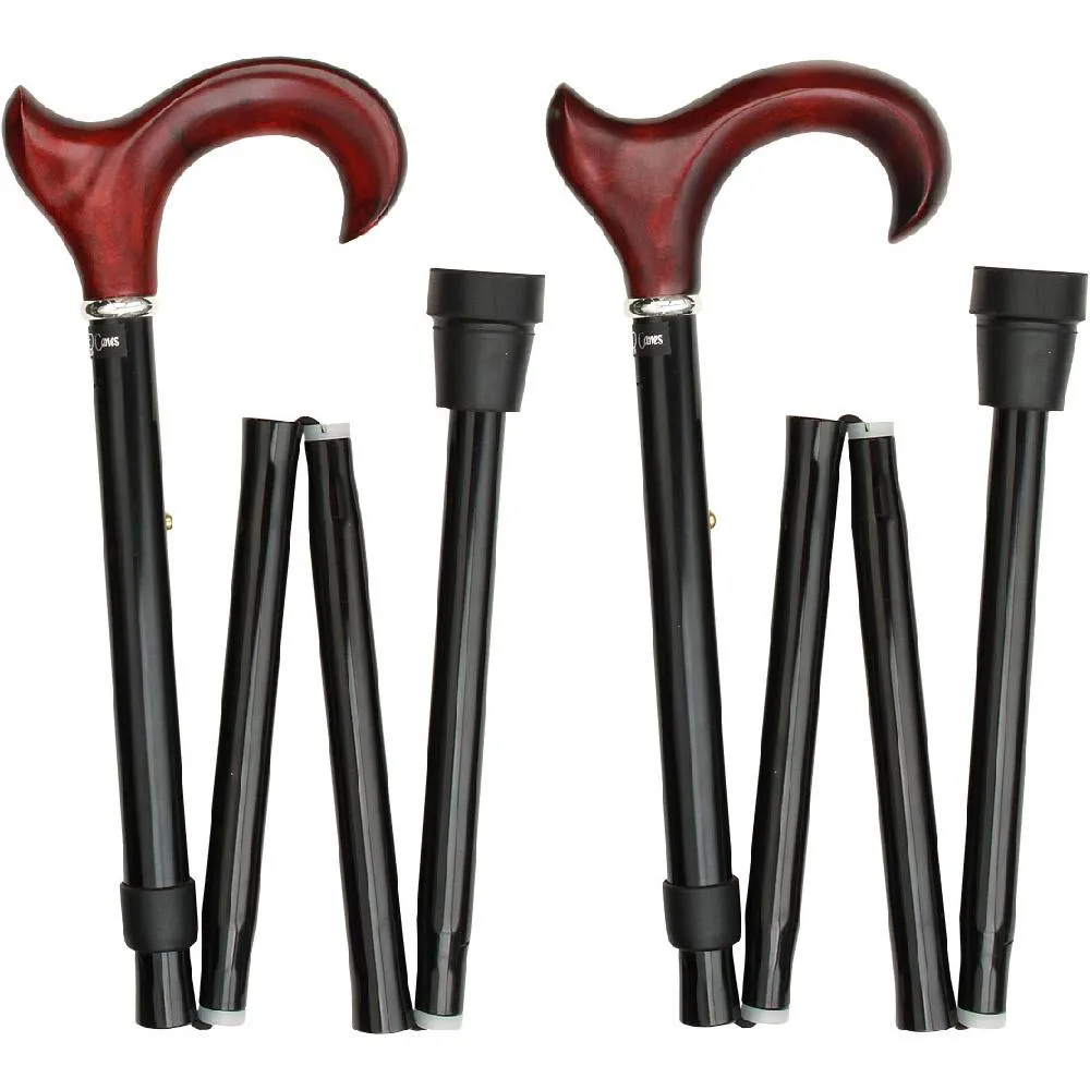 Scratch & Dent Right hand Mahogany Maple Ergonomic Walking Cane w/ Folding, Adjustable Black Aluminum Shaft and Silver Collar
