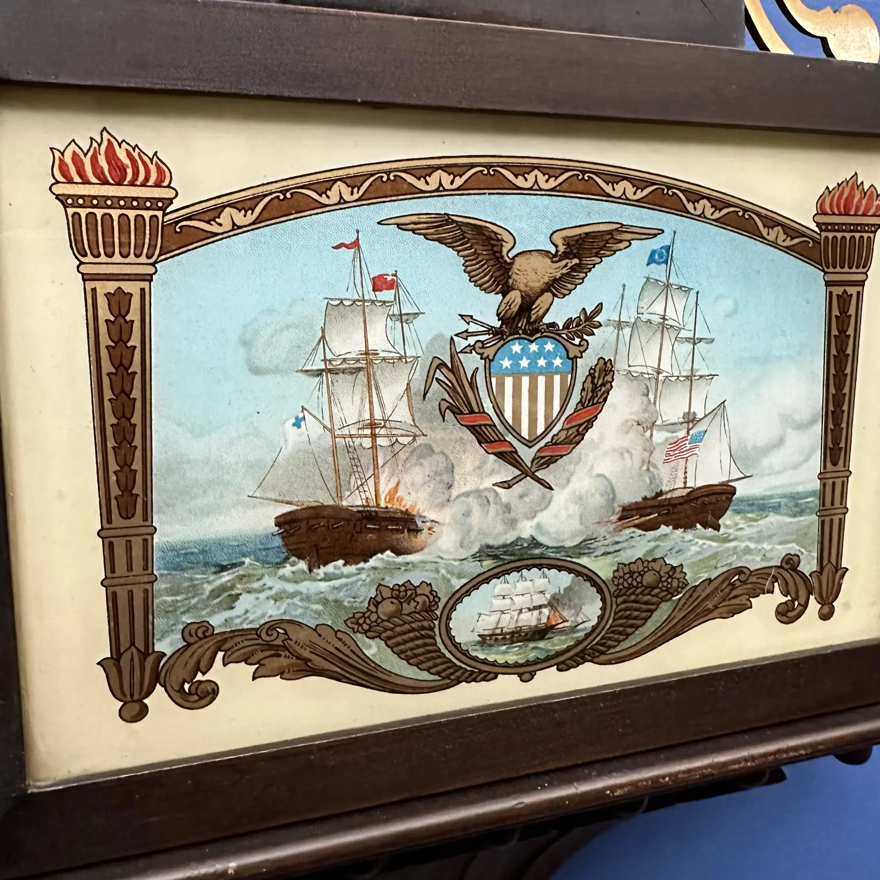 Seth Thomas "Banjo Clock" with a depiction of a naval engagement