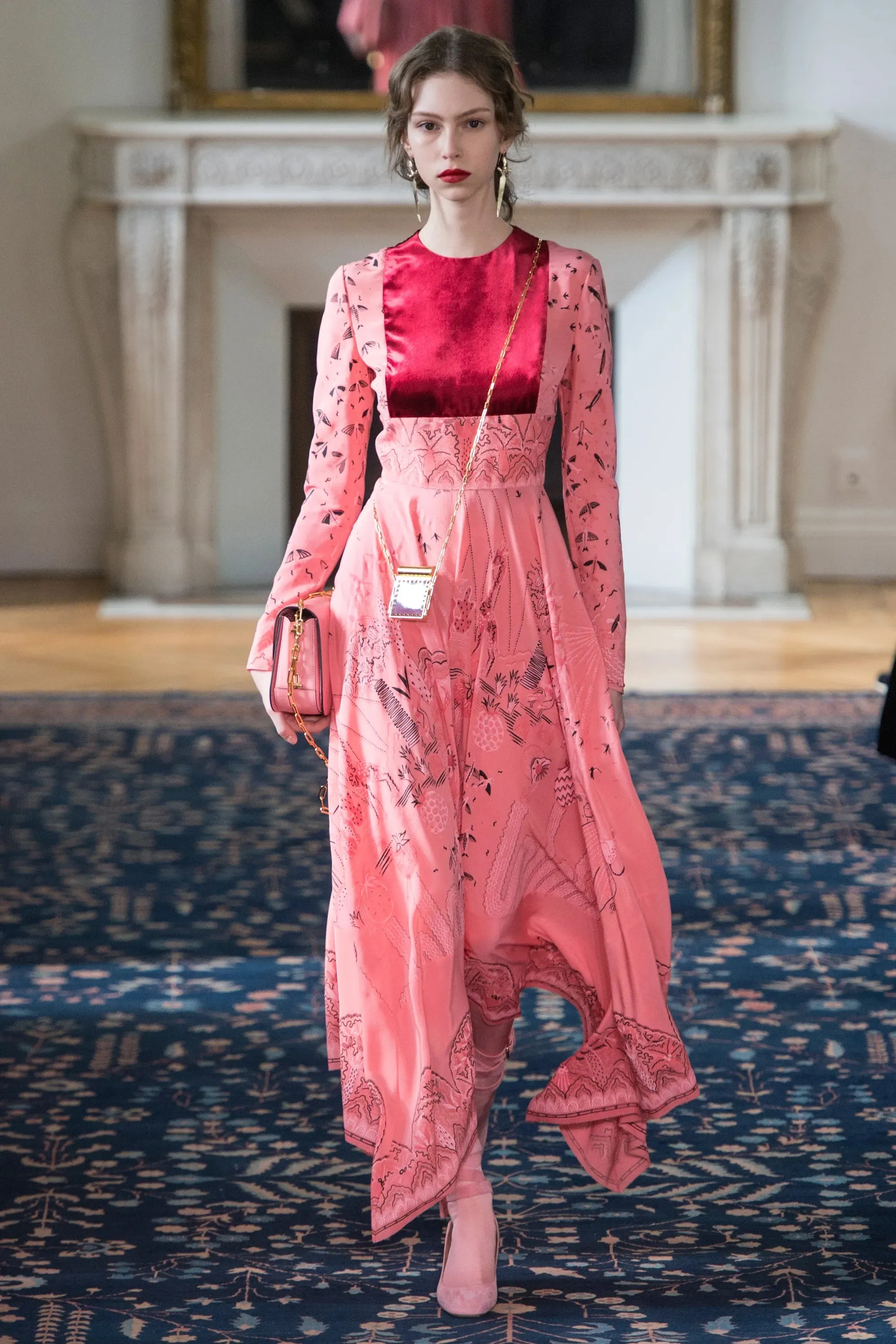 Spring 2017 Valentino by PierPaolo Piccioli Runway Look 12 Zandra Print Pink Silk Dress