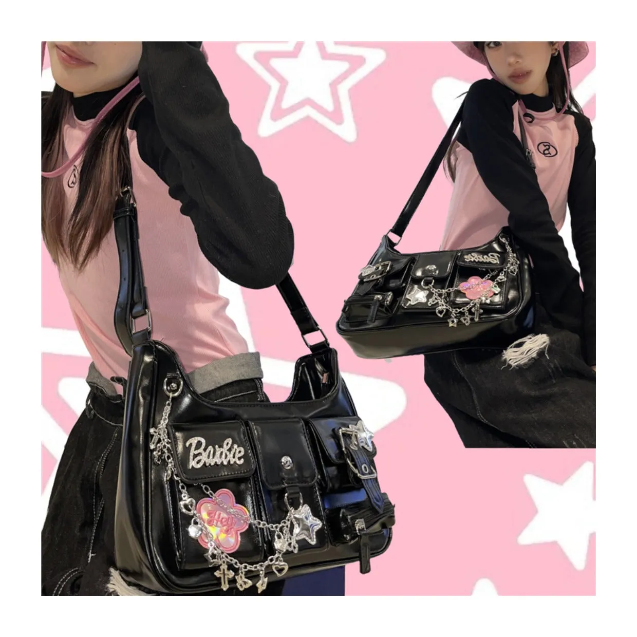 Star Chains Black Y2K Sweet Spicy Goth Girl Shoulder Messenger Bag