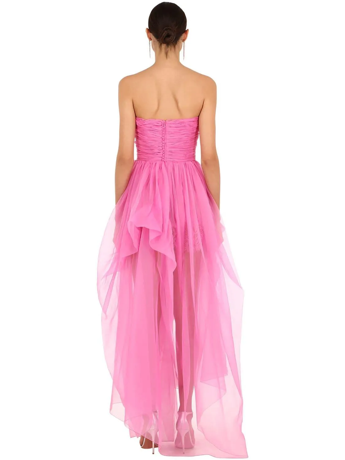 Stunning 2018 Ermanno Scervino Strapless Vibrant Pink Chiffon Dress w Bustle Skirting