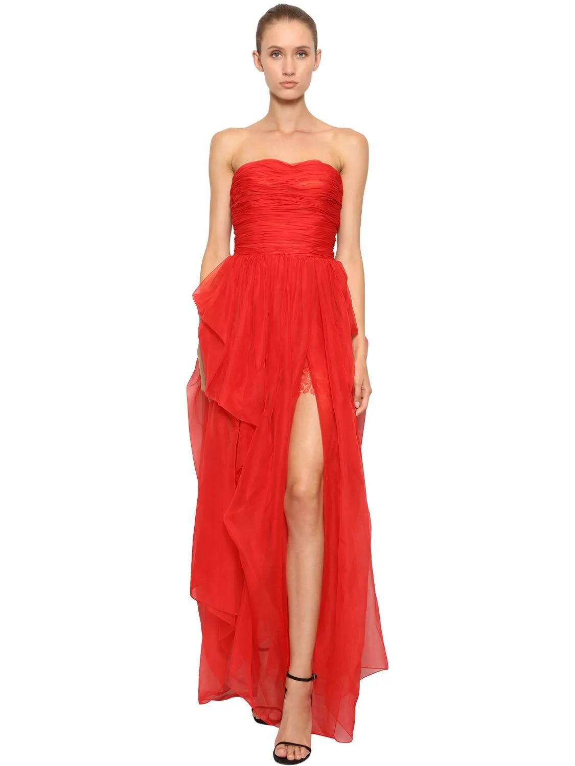 Stunning 2018 Ermanno Scervino Strapless Vibrant Pink Chiffon Dress w Bustle Skirting