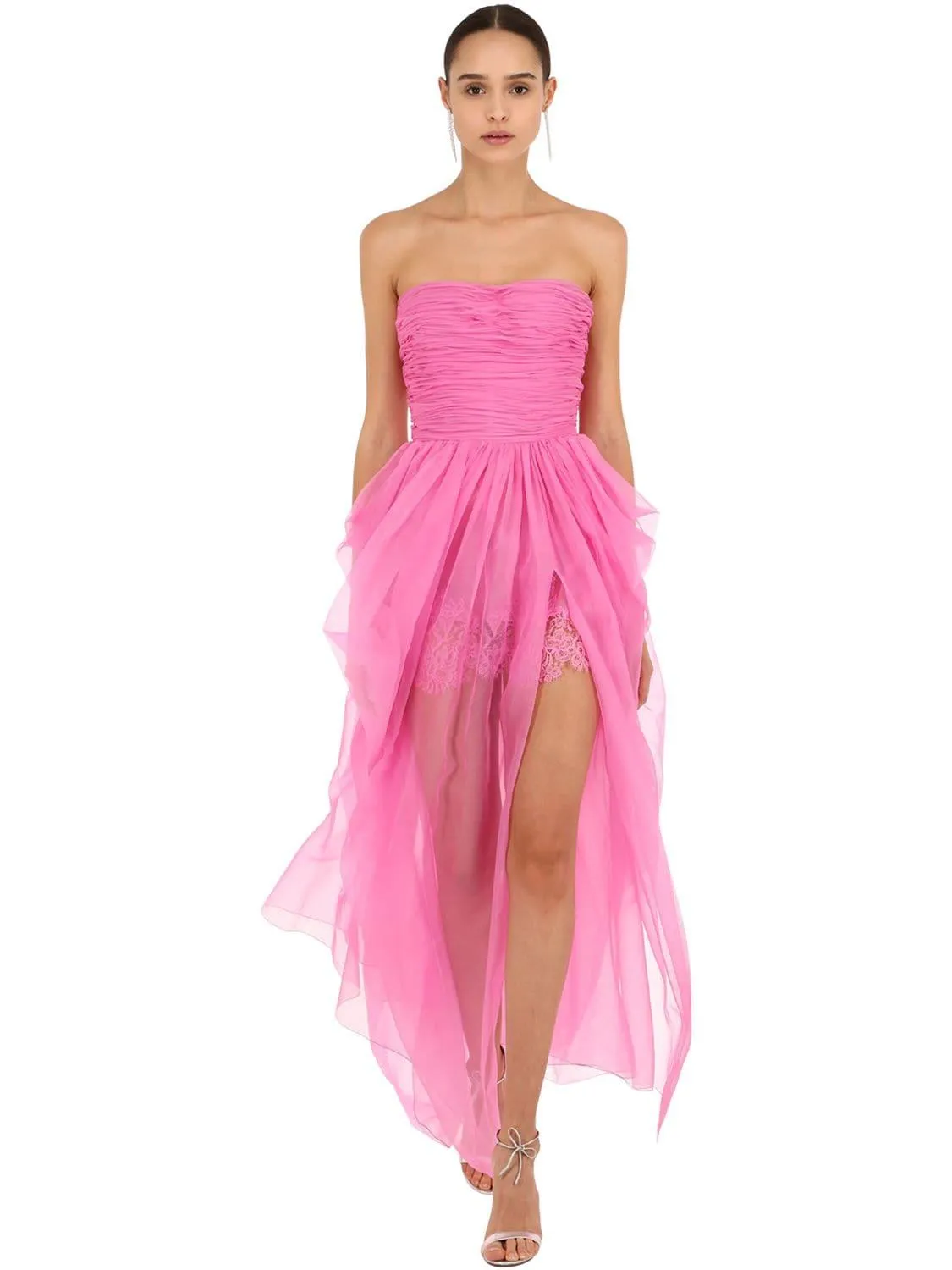 Stunning 2018 Ermanno Scervino Strapless Vibrant Pink Chiffon Dress w Bustle Skirting