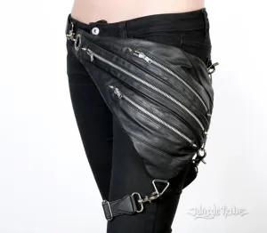 TRI ZIPPER Black Leather with Silver Hardware Backpack Fanny Pack and Hip Bag