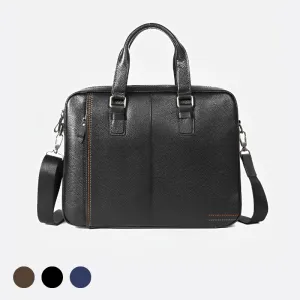 Unisex genuine cowhide leather top handle briefcase seam design