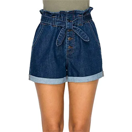 Women's High-Rise Paper Bag Trouser Pocket Denim Shorts