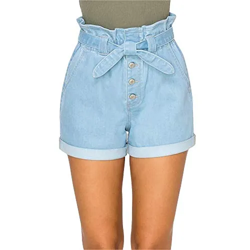 Women's High-Rise Paper Bag Trouser Pocket Denim Shorts